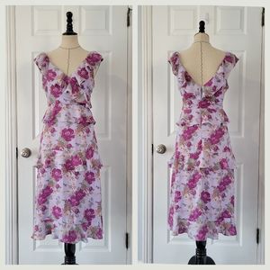 Lulus Fleur-Evermore Lavender Floral Print Ruffled Midi Dress